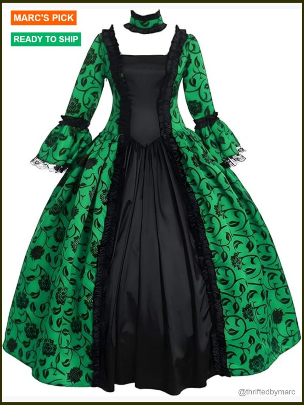 Victorian Rococo Costume Dress with Floral Print Long Sleeve